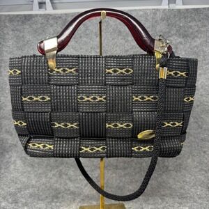 Vtg Alma Italian Woven Handbag Purse Handles Shoulder Bag Black Tortoise